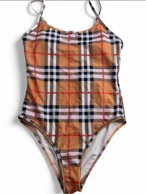 Plaid Tan One-Piece Swimsuit with Slim Straps